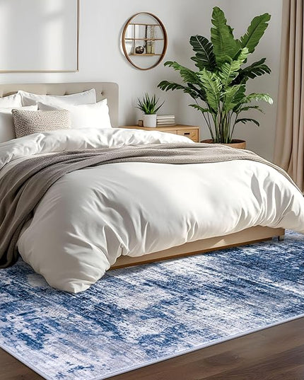 IOHOUZE Abstract Area Rugs 6x9 Ft Washable Rugs for Living Room, Non Slip Dining Room Rug, Printed Faux Wool Rugs for Bedroom, Floor Carpet for Office Nursery Playroom, Navy/Grey