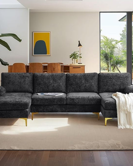 VINGLI 110" Large U-Shape Sectional Sofa Couch with 51" D Double Chaise for Living Room, Modern Sectional Couch Set with Soft 5.9" Thickness Seating Padding, Chenille Fabric,Metal Gold Legs(Black)