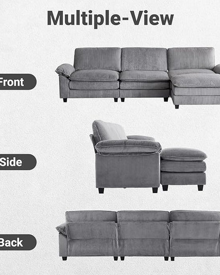 VINGLI 121" L Shape Sectional Couch, Convertible Sectional Couch for Small Living Room,Modern 3-Seat Convertible Loveseat Sofa with 1 Ottoman in Corduroy,Light Grey