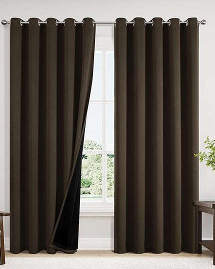 ChrisDowa 100% Blackout Curtains 84 inch Long for Bedroom with Black Liner, Extra Wide 2 Thick Layers Total Blackout Thermal Insulated Grommet Window Curtains 2 Panels Set (Brown, 60 x 84 Inch)