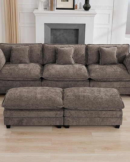 111'' Sectional Cloud Deep Seat Couch, Oversized Chenille U Shaped Sectional Sofa for Living Room Set, Comfy Upholstered Modular 3-Seats Sectional Sofa Couch with 2 Movable Ottoman, Brown