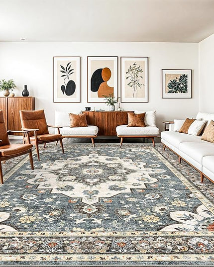 Washable Oriental Area Rug - 10x14 Rugs for Living Room Soft Carpet for Bedroom Waterproof Floral Distressed Indoor Stain Resistant Non-Shedding Floor Carpets (Blue, 10X14)