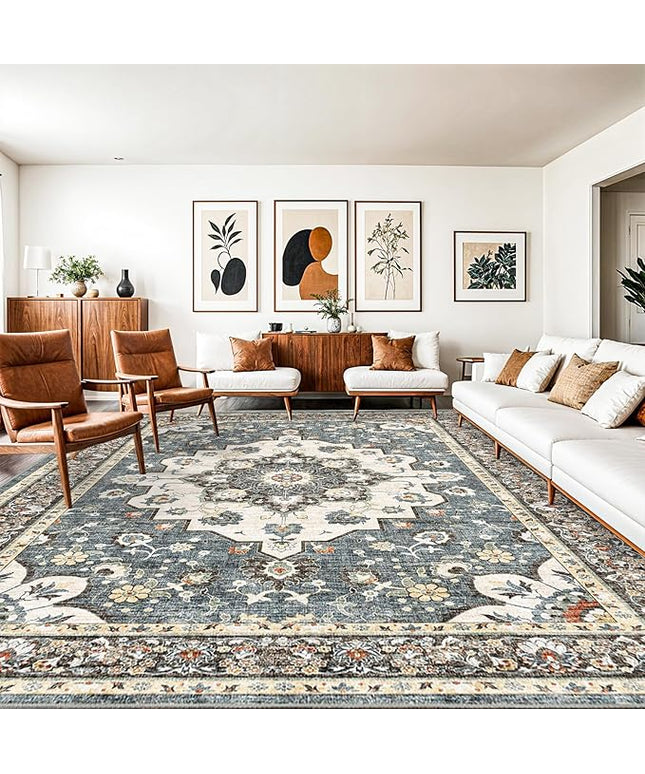 Washable Oriental Area Rug - 10x14 Rugs for Living Room Soft Carpet for Bedroom Waterproof Floral Distressed Indoor Stain Resistant Non-Shedding Floor Carpets (Blue, 10X14)