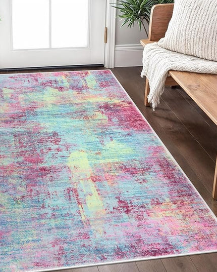 IOHOUZE Abstract Area Rug 3x5 Ft Washable Rugs for Entryway Indoor, Non Slip Kitchen Rug Printed Faux Wool Throw Rugs, Indoor Door Mat for Door Entrance Foyer Living Room, Pink Teal