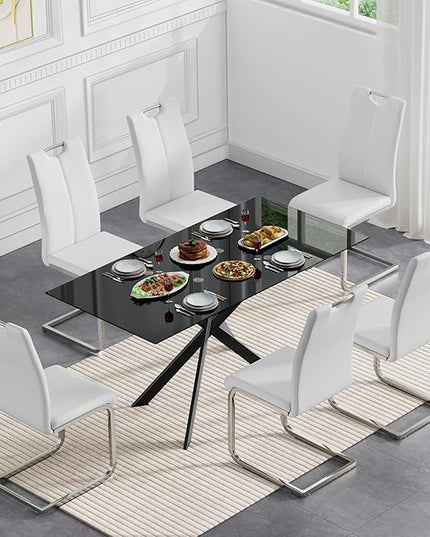 HomVent 7 Pieces Rectangular Glass Dining Table Table Set, Black Glass Dining Table Set for 6 Kitchen Table Set with 6 PU Dining Chairs for Kitchen Dining Room (Black3-Table with 6 White Chairs)