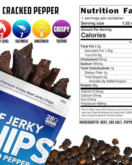 Wicked Cutz Cracked Pepper Beef Jerky Chips, 28g Protein per Bag, Crispy & Crunchy Beef Jerky Crisps, USA Made Pepper Flavored Chips, High Protein Carnivore Snacks (2 Bags)