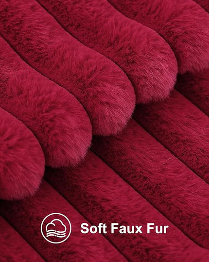decorUhome Faux Fur Spring Throw Pillow Covers 20x20 Set of 2, Decorative Soft Plush Striped Neutral Couch Euro Pillow Covers with Velvet Back for Sofa, Bed, Living Room Home Decor, Burgundy