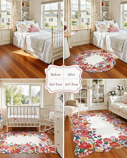 Wonnitar Washable Red Camellia Floral Area Rugs 5x7, Non-Slip Boho Rugs for Living Room, Soft Scalloped Flower Floor Carpet Rugs for Bedroom Kids Nursery Dorm Decor (Red,5'x7')