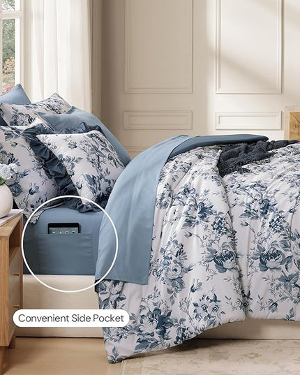 King Comforter Set -7 Pieces Floral Blue Comforter Set for All Seasons, Bed in a Bag King with Botanical Flowers Comforter, Sheets, Pillowcases & Shams