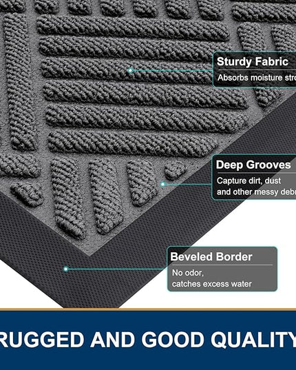 Smiry Front Door Mat Outside Entrance, Heavy Duty Outdoor Indoor Natural Rubber Doormat, Non Slip, Trap Dirt and Moisture, Easy Clean, Low Profile Patio Porch Entryway Mat, 59x35, Grey