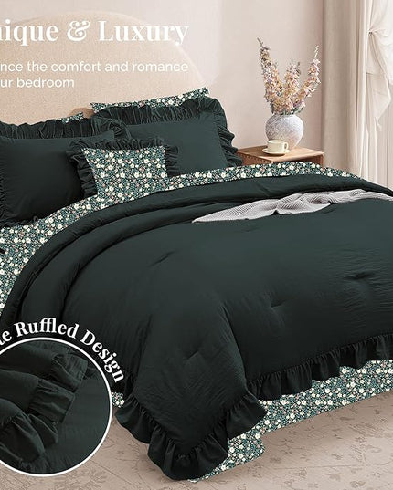 King Comforter Set - 7 Pieces Ruffle Forest Green Bedding Sets, Shabby Chic Farmhouse Bed in a Bag with Ruffle Comforter, Floral Sheets, Pillowcases & Shams