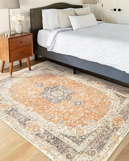 Boho Rug 3x5,Washable Area Rugs for Bedroom Living Room Kitchen Entryway,Small Vintage Bohemian Farmhouse Distressed Non Slip Carpet,Retro Orange Grey Floral