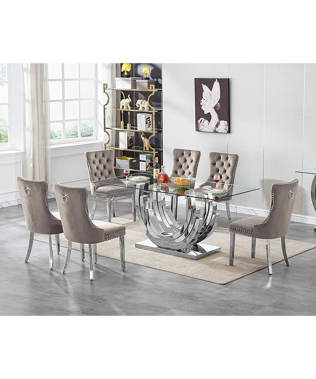 7-Piece Glass Dining Table Set with 6 Upholstered Dining Chairs, Large Dining Table and Chair Set for 6, Modern Glass Kitchen Table Furniture for Dining Room, U Shape and Stainless Steel Pesestal