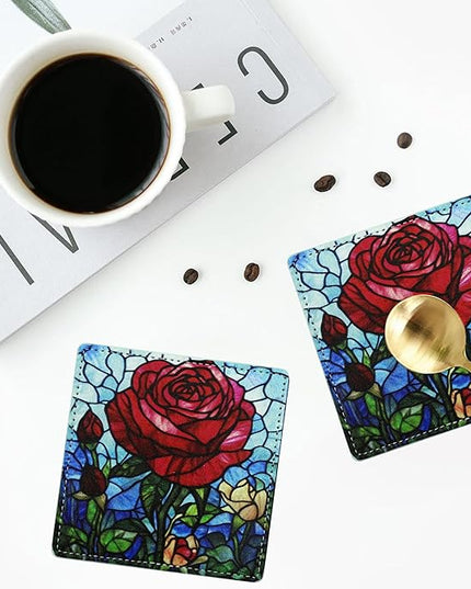 Marble Coasters Square Leather Drinks Coaster Set with Holder for Coffee Table Bar Home Decor 4 Inches Set of 6 (Rose, One Size)