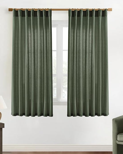 XTMYI Olive Green Curtains 63 Inch Length for Living Room 2 Panels Set Back Tab Hooks Pleated Linen Blend Light Filtering Semi Sheer Curtain Drapes for Dining Room Bedroom Kitchen Bathroom Boho Decor