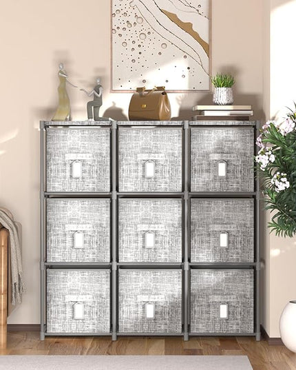 9 Cube Closet Organizer with Beautiful Printed Drawers + Labels, Storage Shelf, Toy Cubby Organizer