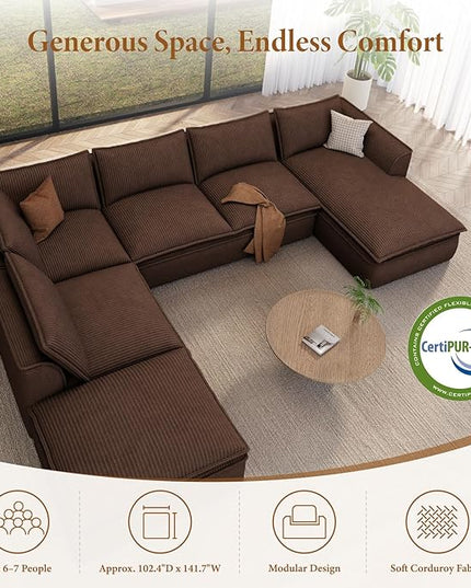 Vesgantti 141.7" Oversized Boneless Sectional Couch, Modern 7 Seater Modular Sofa with Chaise & Ottoman, Deep Seat Corduroy Cloud Couches for Living Room, No Assembly Required, Dark Brown