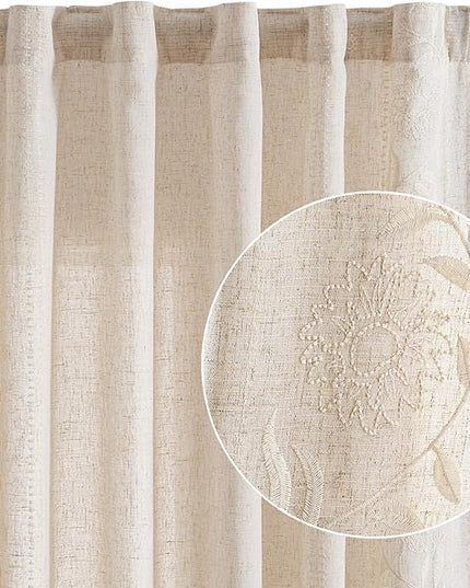 jinchan Winslow Linen Curtains for Bedroom 84 Inches Length Embroidered Bordered Floral Curtains for Living Room Farmhouse Decor Light Filtering Window Treatments Ivory on Beige Drapes 2 Panels