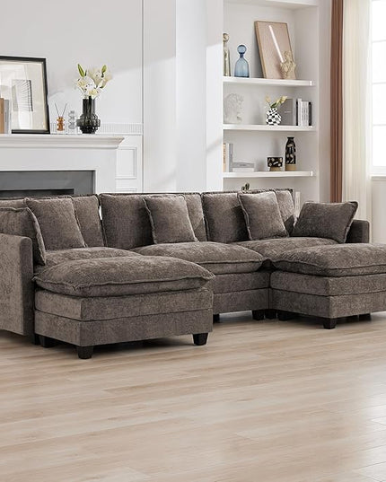 111'' Sectional Cloud Deep Seat Couch, Oversized Chenille U Shaped Sectional Sofa for Living Room Set, Comfy Upholstered Modular 3-Seats Sectional Sofa Couch with 2 Movable Ottoman, Brown