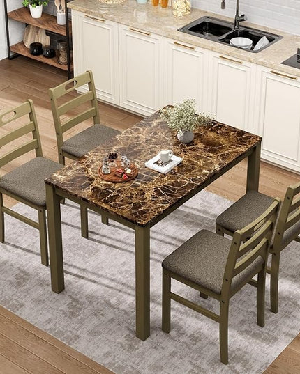Sophia & William 5 Piece Dining Table Set for 4, Faux Marble Kitchen Table and Chairs Set, Solid Wood Farmhouse Dinner Table Set,Emperador Dark Marble & Olive