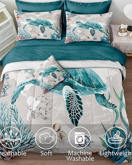 Bedbay 8 Pieces Nautical Bedding Sea Turtle Queen Comforter Set with Sheets Turquoise Comforter Retro Style Teen Girls Boys Turtle Bedding Set Ocean Themed Soft Fluffy Bed Set(Ocean,Queen)