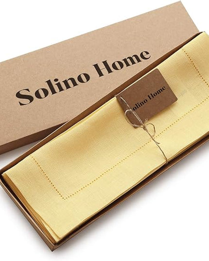 Solino Home Linen Placemats Set of 4 - Classic Hemstitch Yellow Placemats 14 x 19 Inch - 100% Pure Linen Table Mats