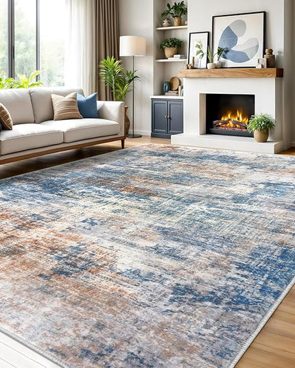 IOHOUZE Abstract Area Rugs 9x12 Ft Washable Large Rugs for Living Room, Non Slip Dining Room Rug, Printed Faux Wool Rugs for Bedroom, Floor Carpet for Office Nursery Playroom, Blue Rust
