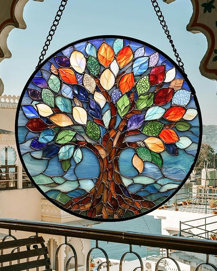 Stained Glass Window Hanging, Colorful Tree of Life Sun Catchers Glass Panel Blue Suncatcher Decor for Birthday for Women, Men, Wife, Aunt, and Mom 14.9x14.9 in