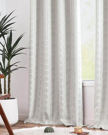 jinchan 95% Blackout Boho Curtains 72 Inches Long for Christmas Bedroom Living Room Decor Festive Silver Geometric Foil Printed Curtain Grommet Top Room Darkening Drapes Off White 52 x 72 2 Panels