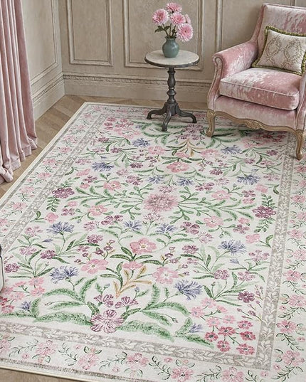 Wonnitar Floral Purple Rug for Bedroom, Washable 5x7 Area Rugs for Dorm, Boho Soft Non Slip Ultra-Thin Indoor Floor Carpet for Kids Room Nursery Living Room Classroom, Light Purple/Pink