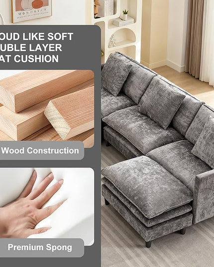 Modular Sectional Sofa, 143.31'' Modern Sofa Sleeper Couch with 3 Seat & 3 Pillows Sofa Set, Comfy Cloud Couches with Movable Ottoman, Deep Seat Couch for Living Room Chenille (Grey, U Shaped)