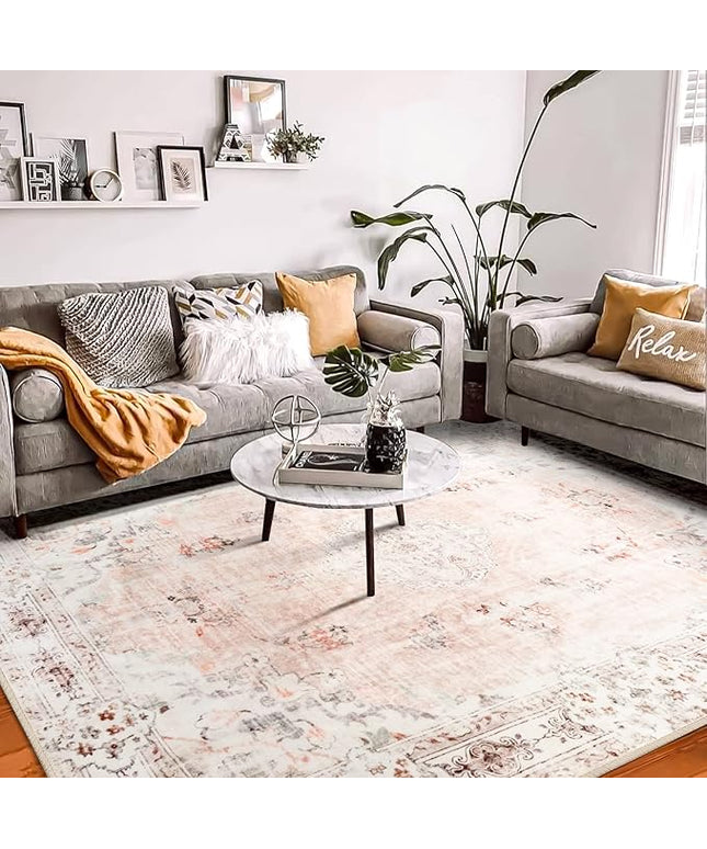 MUJOO Pink Rug 8'x10' Area Rugs for Living Room Washable Large Boho Rug for Bedroom Non Slip Abstract Soft Low-Pile Floral Flowers