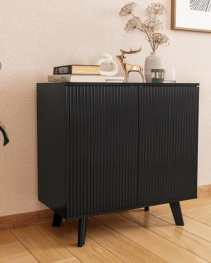 Modern Sideboard Buffet Cabinet Console Table, Accent Storage Cabinet with Fluted Doors for Kitchen Dining Living Room Entryway (Black)