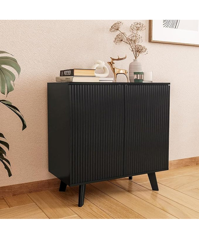 Modern Sideboard Buffet Cabinet Console Table, Accent Storage Cabinet with Fluted Doors for Kitchen Dining Living Room Entryway (Black)