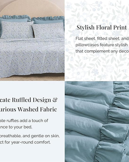 Queen Comforter Set - 7 Pieces Ruffle Blue Bedding Sets, Shabby Chic Farmhouse Bed in a Bag Queen with Ruffle Comforter, Floral Sheets, Pillowcases & Shams