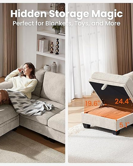 CHIC HOUSE Corduroy Modular Sectional Couch with Ottoman Chaise, L/U Shaped Sleeper Sofa for Living Room, Apartment, Lounge, Modern Armrest Neck Support Furniture (6 Seater Sectional, Beige)
