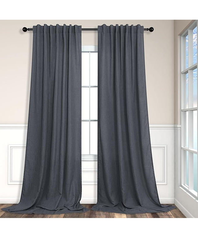 Grey Curtains for Living Room 96 Inches Long 2 Panels Back Tab Light Filtering Linen Semi Sheer Modern Farmhouse 8ft Curtain Drapes for Bedroom Home Office Ceiling to Floor Length Charcoal Dark Gray