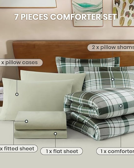 MaiRêve Plaid Queen Comforter Sets Olive Green, Classic Farmhouse Bedding Set Bed in a Bag 7 Pieces, Lightweight All Season Comforter Set with Fitted & Flat Sheet, Pillowcases & Shams