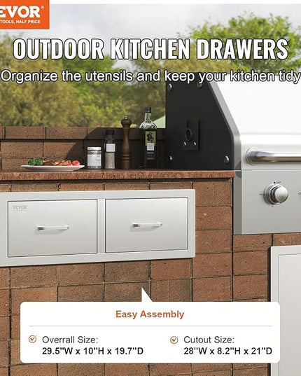 VEVOR Outdoor Kitchen Drawers 30" W x 10" H x 20" D, Horizontal Double BBQ Access Drawers Stainless Steel with Handle, BBQ Island Drawers for Outdoor Kitchens or Patio Grill Station