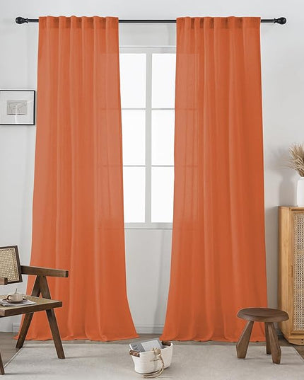 DUALIFE Extra Long Sheer Linen Curtain Panels 108 Inches for Living Room Back Tab Rod Pocket Light Filtering Farmhouse Semi Sheer Linen Curtains for Large Tall Window, Rust 52x108 2 Panels