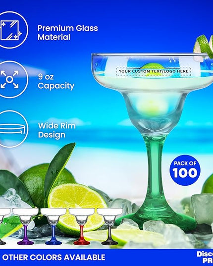 DISCOUNT PROMOS 100 Margarita Glasses Set, 9 oz. - Personalized Text, Logo - Classic, Smooth, Barware, Glassware - Green