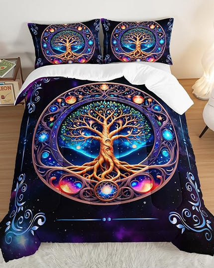 Tree of Life Bedding Twin Comforter Set,Mystic Planet Starry Sky Printed Bedding Comforter Sets for Kids Boys Girls Room Decor,Bohemian Bedding Puffy Comforter Sets 2 Pillowcases.