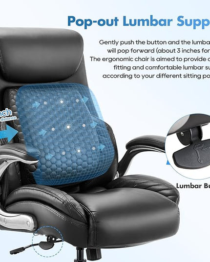 COLAMY Office Ergonomic Desk High Back Executive Chair with Pop-Out Lumbar Support, Upgraded Casters, Adjustable Headrest, Flip-Up Arms, Leather Home with Thick Cushion for Comfort - Black