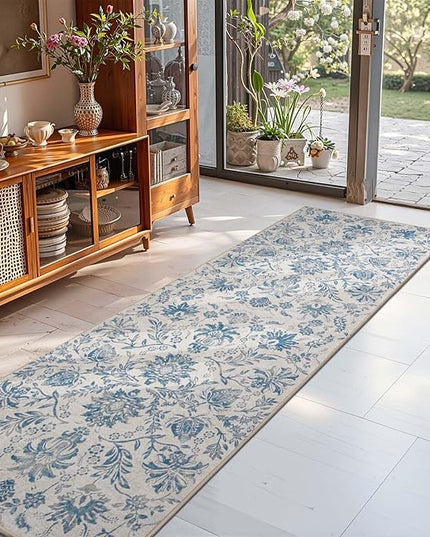 jinchan Torino Runner Rugs 2x5 - Vintage-Inspired Floral Design Machine Washable Non-Slip Ultra-Thin Low-Pile Rubber Backing Runner Rug for Kitchen Hallway Laundry Room Entryway Dark Blue