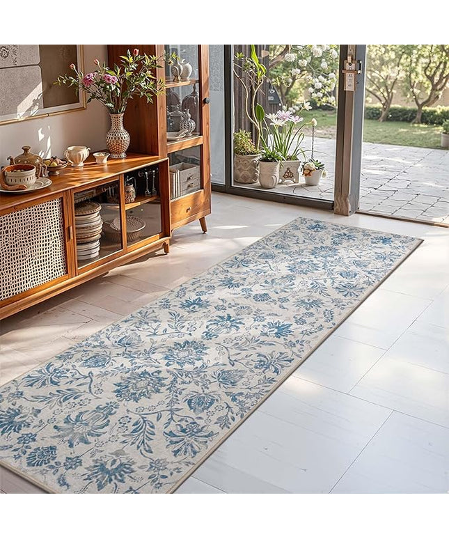 jinchan Torino Runner Rugs 2x5 - Vintage-Inspired Floral Design Machine Washable Non-Slip Ultra-Thin Low-Pile Rubber Backing Runner Rug for Kitchen Hallway Laundry Room Entryway Dark Blue