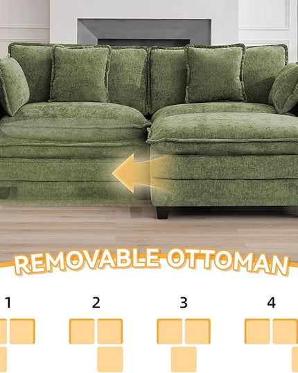 76'' Cloud Deep Seat Loveseat Sofa, Upholstered Chenille Modular 2-Seats Sectional Sofa Couch with Movable Ottoman, Modern Comfy Settee Loveseat for Living Room Set, Small Apartment, Green
