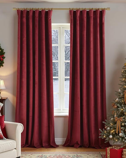 Red Velvet Pleated Blackout Curtains with Hooks, Christmas Curtains for Living Room, Cortinas Rojas De Navidad Para Sala, Holiday Curtains for Dining Bedroom Movie Theater, 84 Inch Long, 2 Panels Set