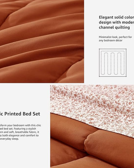 Monbix King Size Comforter Set - 7 Pieces Bed in a Bag King, Burnt Orange Track Stitching Bedding Sets, All Seasons Down Alternative Comforter Bed Set with Sheets