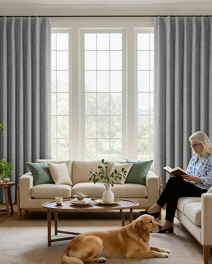 Joydeco Pinch Pleated Curtains - 100% Blackout for Bedroom, Light Grey Linen Curtains 40" W x 63" L, Thermal Insulated 2 Panels Light Blocking Drapes, Back Tabs for Living Room