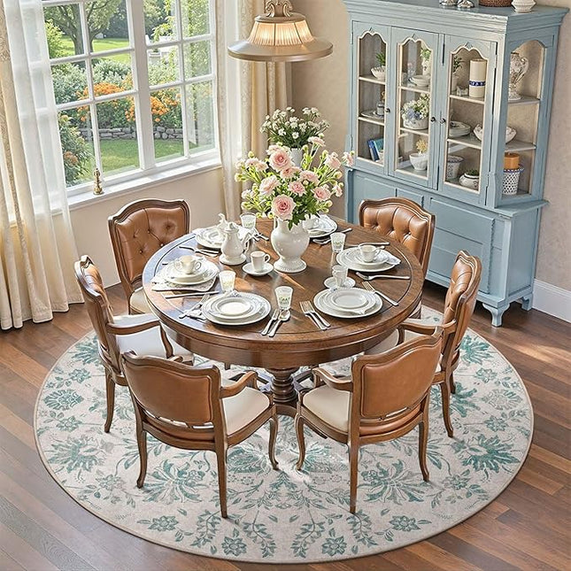 jinchan Torino Classic Floral Round Rug 7ft Vintage-Inspired Design 7’Circle Rug Machine Washable Ultra-Thin Low-Pile Non-Slip Indoor Carpet for Bedroom Dining Room Living Room